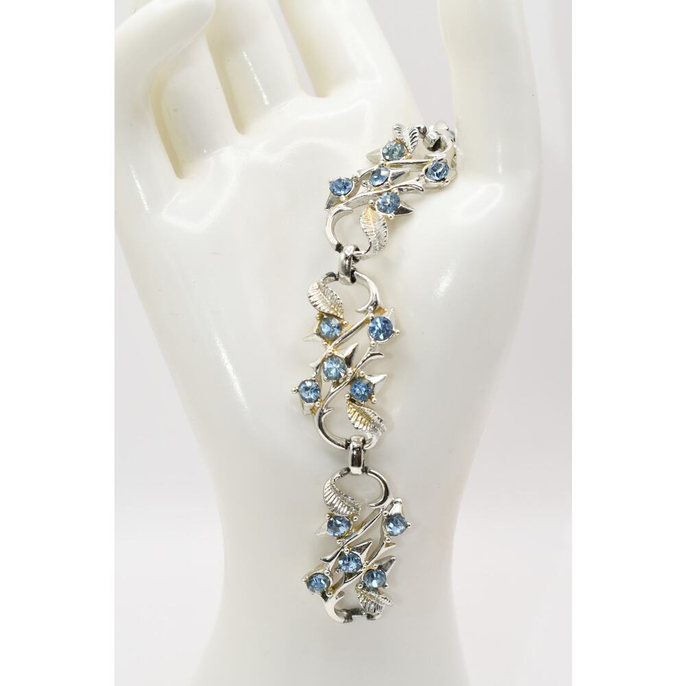 Vintage Coro Blue Rhinestone Leaf Bracelet Rhodium 6.75”